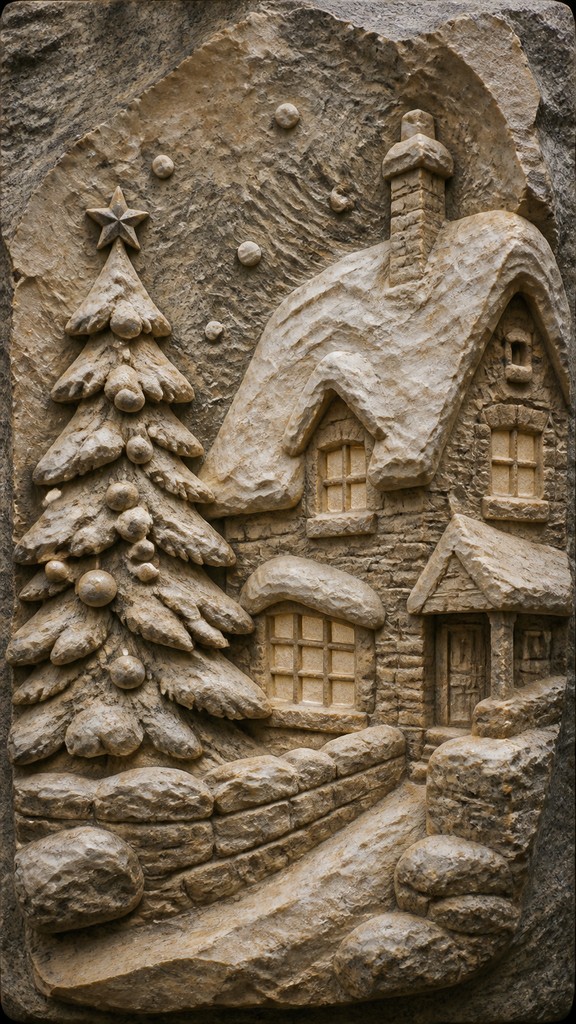 a snow-covered cottage with warm glowing windows beside a decorated pine tree, gentle snowfall, no text