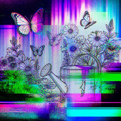 a garden scene with butterflies, flowers and a watering can, clean uncolored line art, no text