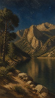 a tranquil mountain lake beneath a starry night sky, no people, no text