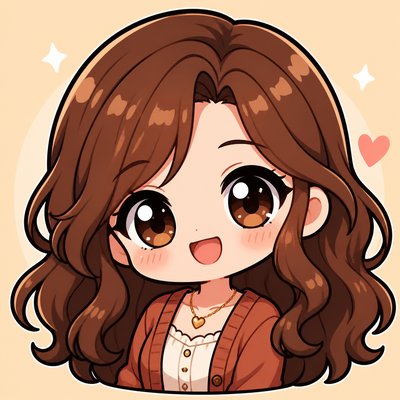 head-and-shoulders portrait of an original character: a young woman with wavy chestnut hair and a warm smile, plain soft backdrop