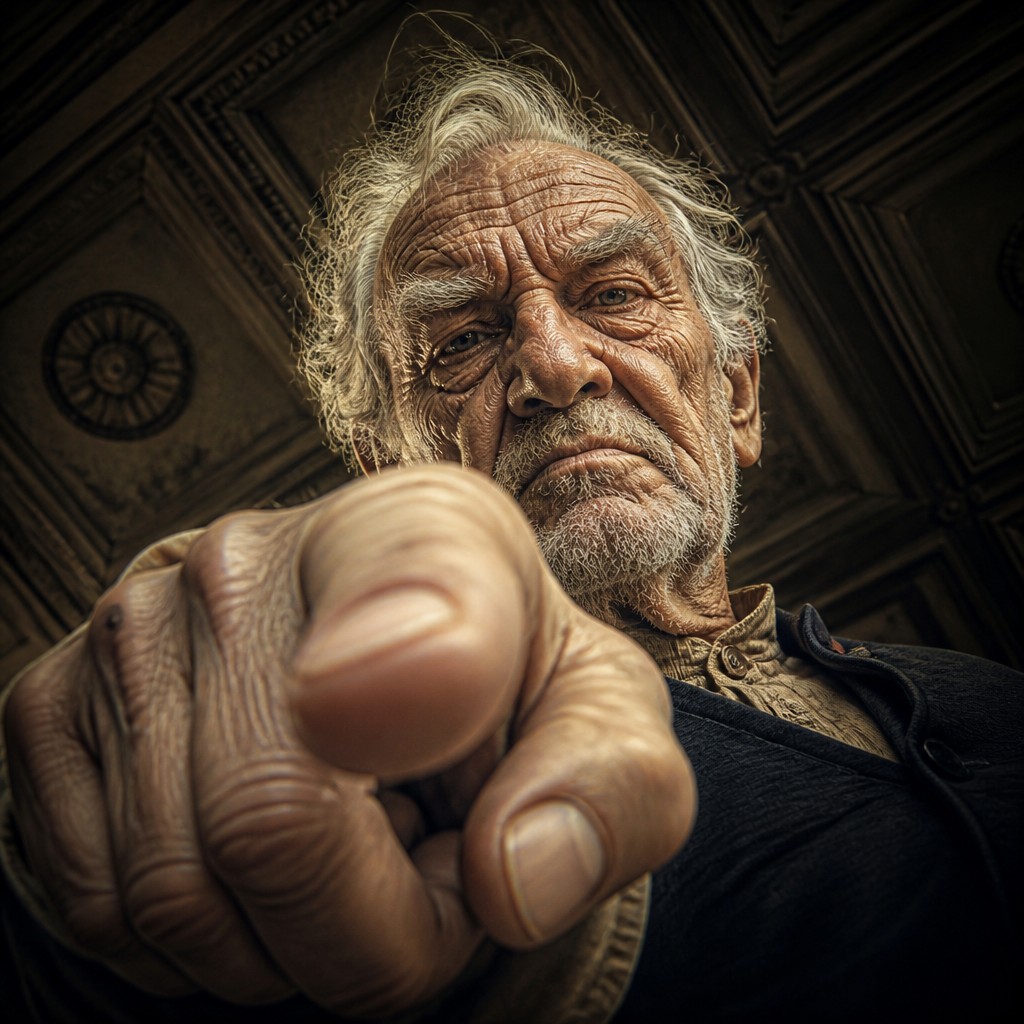 close-up portrait of an elderly person with expressive weathered features — Dramatic Foreshortening Art Style