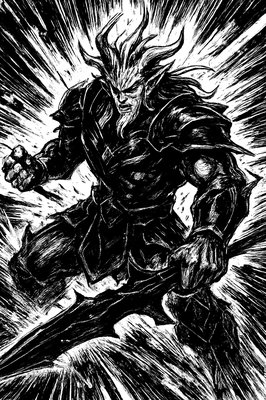 a black and white drawing of a demon