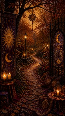a winding forest path in golden autumn light, no people