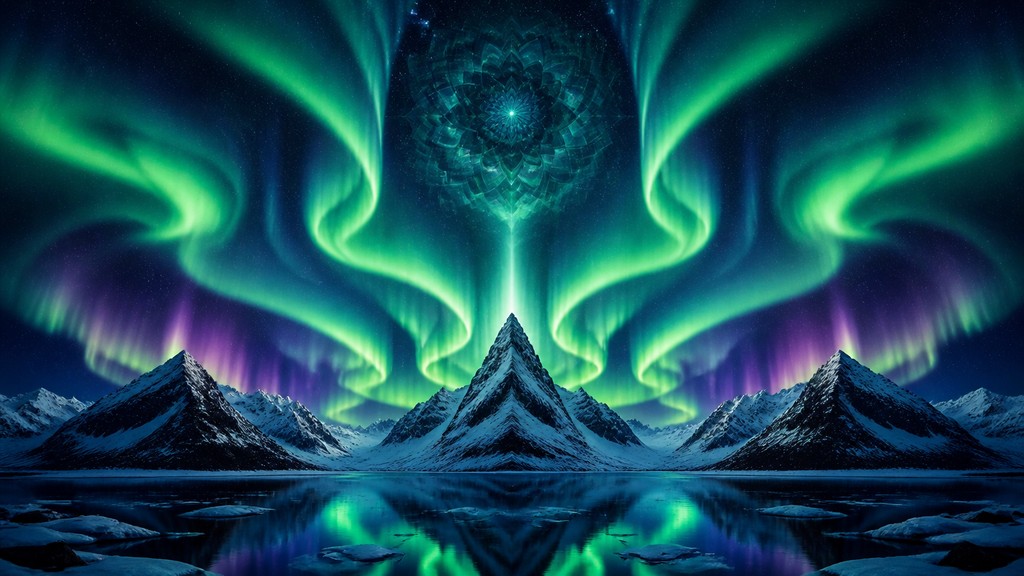 a flowing aurora over snowy peaks, wide sweeping composition, no people, no text