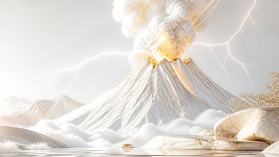 an erupting volcano with lightning strikes, dramatic wide composition, no text