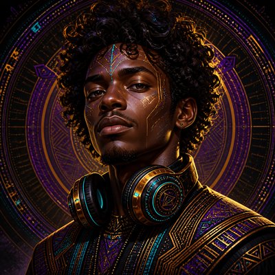 head-and-shoulders portrait of an original character: a young man with curly dark hair and headphones around his neck, plain backdrop, no text