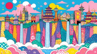a cliffside city with waterfalls cascading into a misty canyon, wide establishing shot, no people, no text