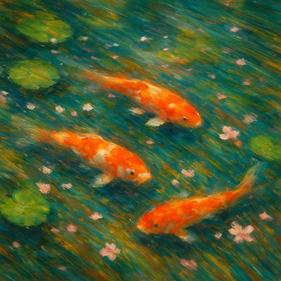 A koi pond seen from above, orange and white koi fish swimming among lily pads, clear water with subtle ripples, fallen cherry blossom petals floating on the surface, dappled sunlight