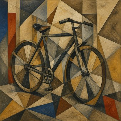 bicyle resting against a wall — Cubist Modern Art Style