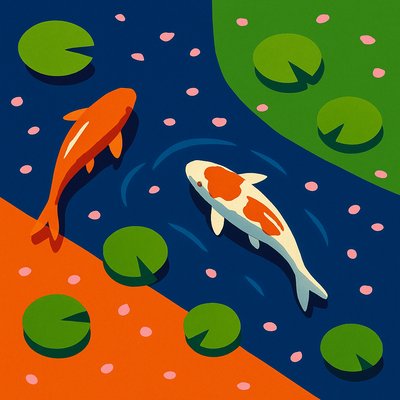 A koi pond seen from above, orange and white koi fish swimming among lily pads, clear water with subtle ripples, fallen cherry blossom petals floating on the surface, dappled sunlight