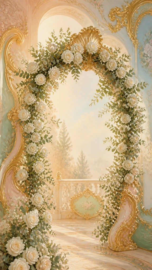 an arch of white roses and eucalyptus in soft morning light, elegant vertical composition with open space, no text