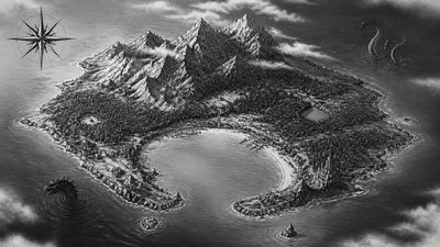 a map of an island realm with mountains, forests, a sheltered bay, sea monsters in the water and a compass rose, no text labels