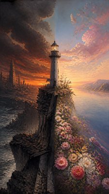 a lone lighthouse on a cliff at dusk under a dramatic sky, no text or lettering