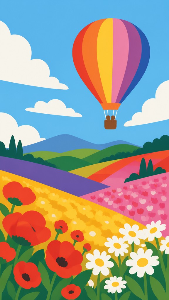 a hot air balloon drifting over rolling flower fields on a sunny day, cheerful, no text