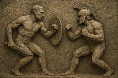 a statue of two men fighting over a mirror