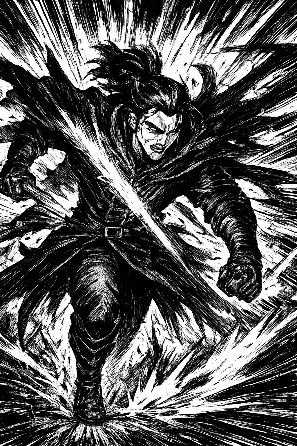 a black and white drawing of a man with a sword