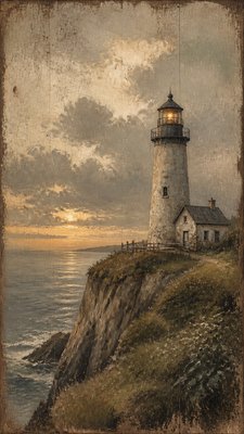 a lone lighthouse on a cliff at dusk under a dramatic sky, no text or lettering