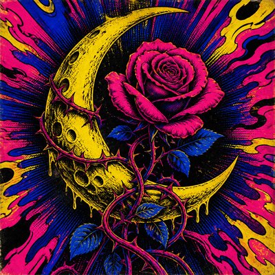 a rose entwined with a crescent moon, clean balanced composition on a plain background, no text