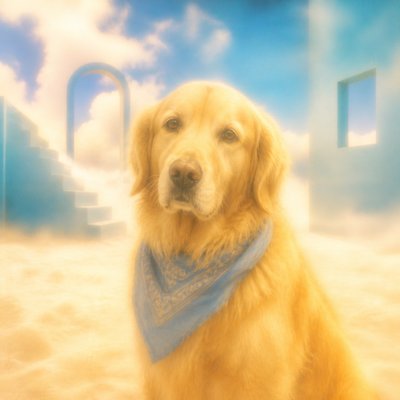 portrait of a golden retriever wearing a blue bandana, warm plain backdrop, no text