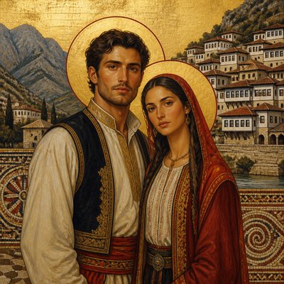 portrait of two people together — Albanian Art Style