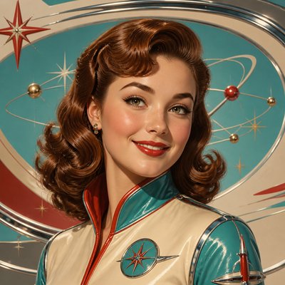 head-and-shoulders portrait of an original character: a young woman with wavy chestnut hair and a warm smile, plain soft backdrop