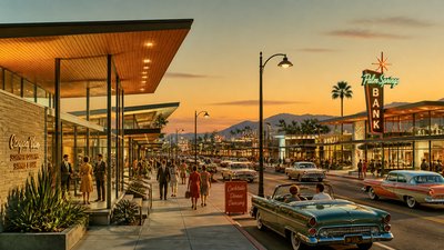 bustling city street panorama at dusk