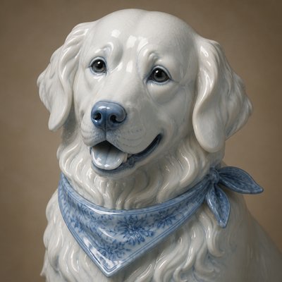 portrait of a golden retriever wearing a blue bandana, warm plain backdrop, no text