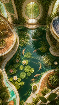 a koi pond with lily pads seen from above, no people