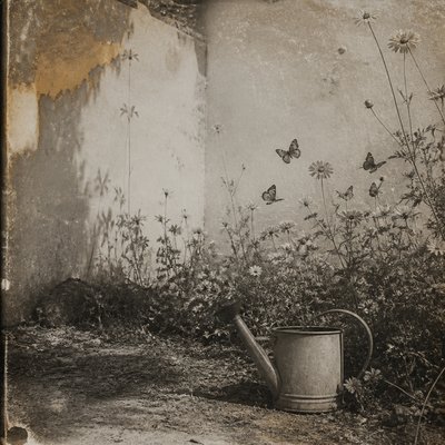 a garden scene with butterflies, flowers and a watering can, clean uncolored line art, no text