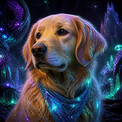 portrait of a golden retriever wearing a blue bandana, warm plain backdrop, no text