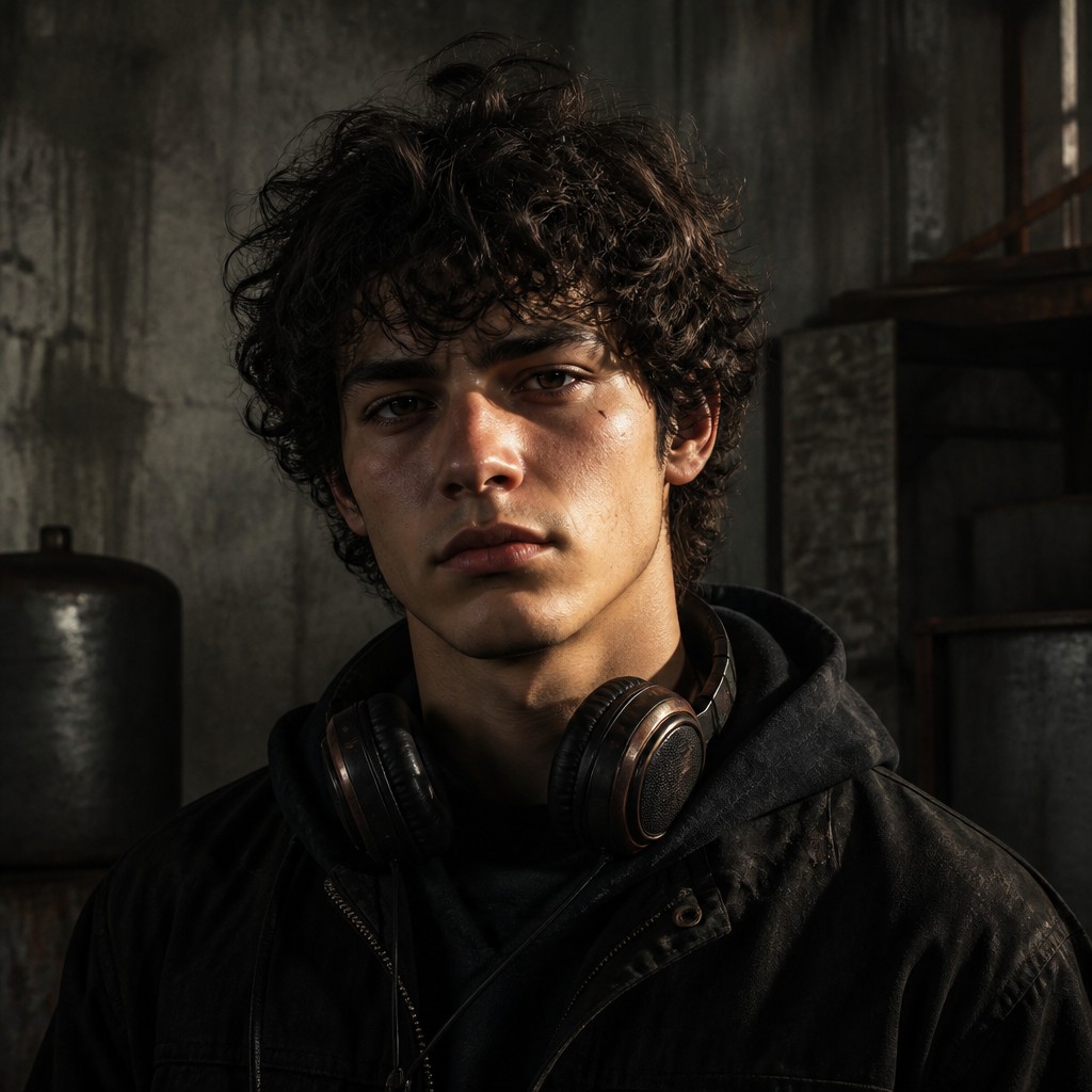 head-and-shoulders portrait of an original character: a young man with curly dark hair and headphones around his neck, plain backdrop, no text