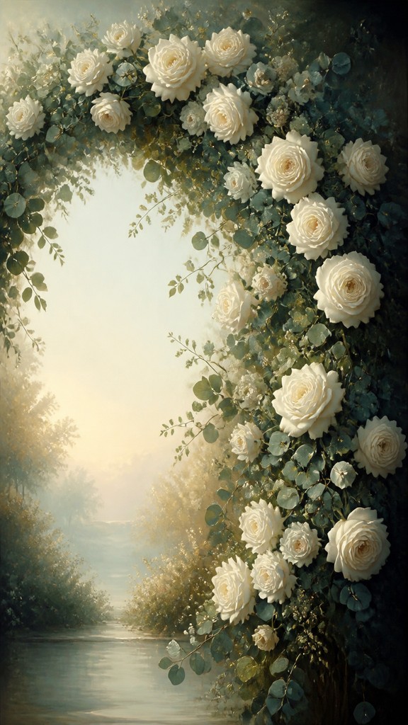 an arch of white roses and eucalyptus in soft morning light, elegant vertical composition with open space, no text