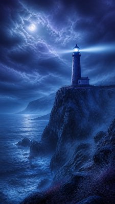 a lone lighthouse on a cliff at dusk under a dramatic sky, no text or lettering