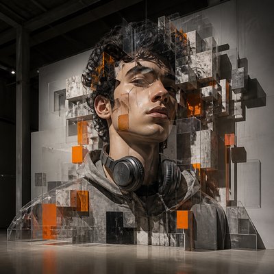 head-and-shoulders portrait of an original character: a young man with curly dark hair and headphones around his neck, plain backdrop, no text
