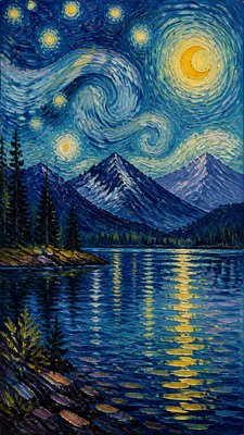 a tranquil mountain lake beneath a starry night sky, no people, no text