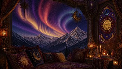 a flowing aurora over snowy peaks, wide sweeping composition, no people, no text