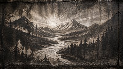 a vast valley with a river winding toward distant mountains at sunrise, no people, no text