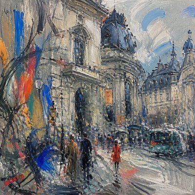 urban street with city activity — Montreal Art Style