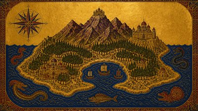 a map of an island realm with mountains, forests, a sheltered bay, sea monsters in the water and a compass rose, no text labels