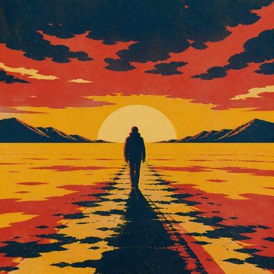 a solitary figure walking toward a glowing horizon across an empty plain, moody atmosphere, no text or lettering
