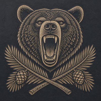 a roaring bear head above crossed pine branches, bold graphic composition on a plain background, no text