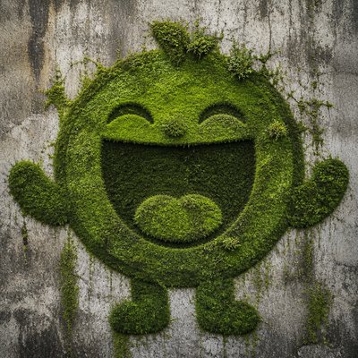 an exaggerated laughing face of an original round mascot character, bold and readable at small size, plain background, no text