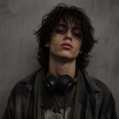 head-and-shoulders portrait of an original character: a young man with curly dark hair and headphones around his neck, plain backdrop, no text