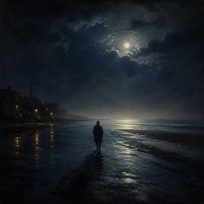 a solitary figure walking toward a glowing horizon across an empty plain, moody atmosphere, no text or lettering