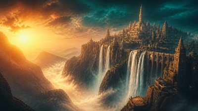a cliffside city with waterfalls cascading into a misty canyon, wide establishing shot, no people, no text