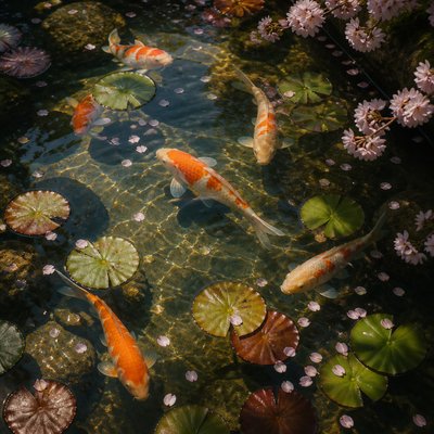 A koi pond seen from above, orange and white koi fish swimming among lily pads, clear water with subtle ripples, fallen cherry blossom petals floating on the surface, dappled sunlight