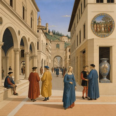 urban street with city activity — Urbino Art Style