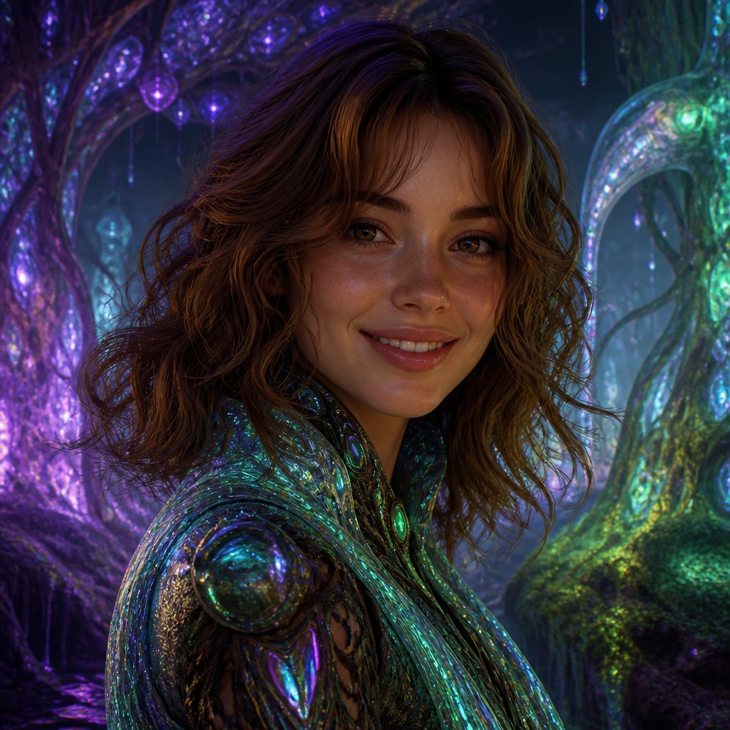head-and-shoulders portrait of an original character: a young woman with wavy chestnut hair and a warm smile, plain soft backdrop