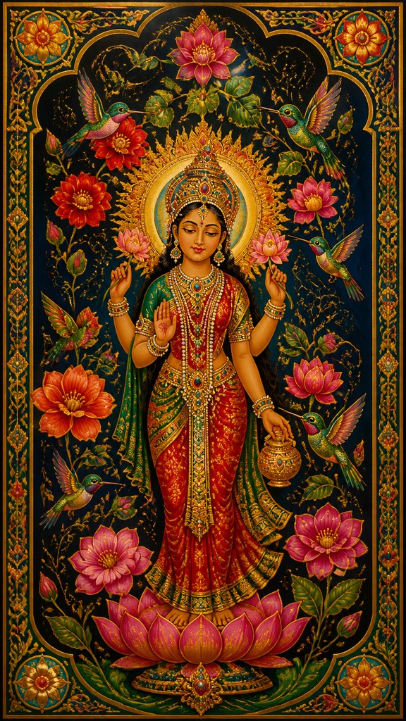 a climbing vine of flowers and hummingbirds on a dark background, tall wrapping composition, no text