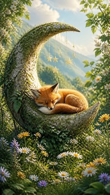 a sleeping baby fox curled on a crescent moon among soft stars, gentle and warm, no text